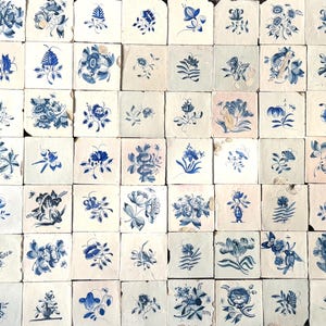 Könnte beinhalten: Eine Sammlung quadratischer Keramikfliesen in einem Raster, jede mit einem einzigartigen handgemalten blauen Blumenmotiv auf cremefarbenem Hintergrund. Die Fliesen zeigen verschiedene botanische Illustrationen, darunter einzelne Blumen, Blätter und Stängel.