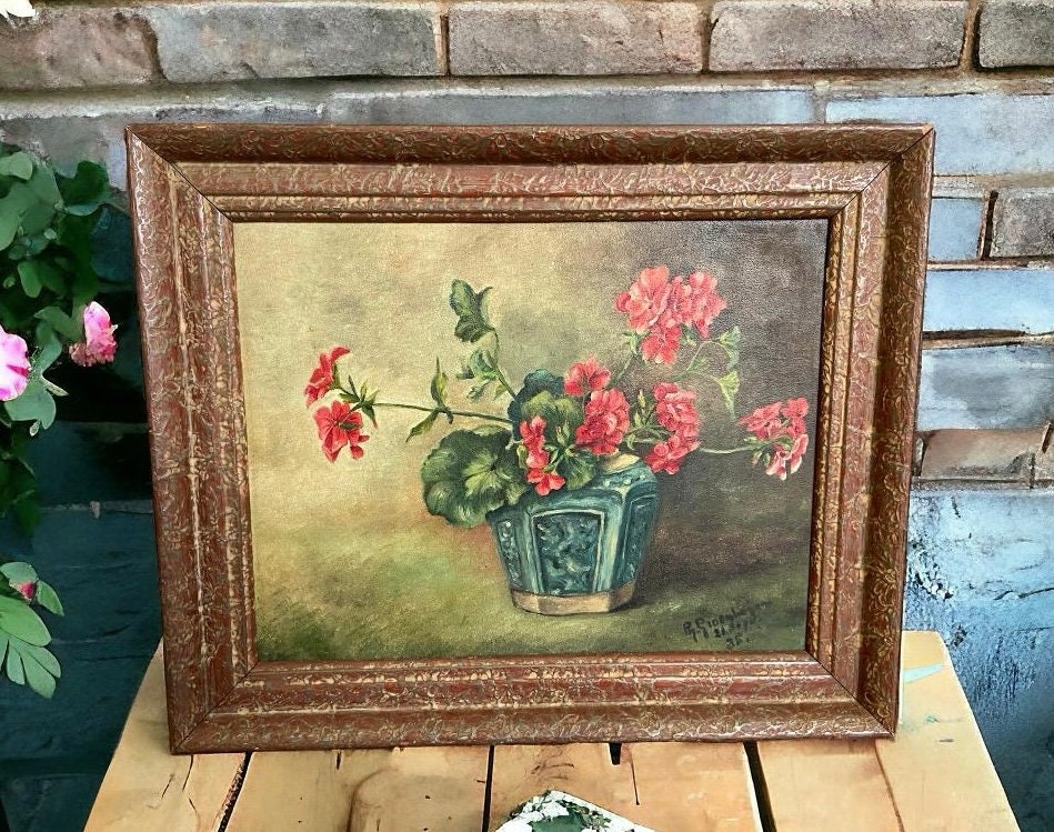 油絵　専用　ならんだゼラニウム オランダ絵画 - ゼラニウムが詰まった中国の瓶 - 署名「Groenbergen