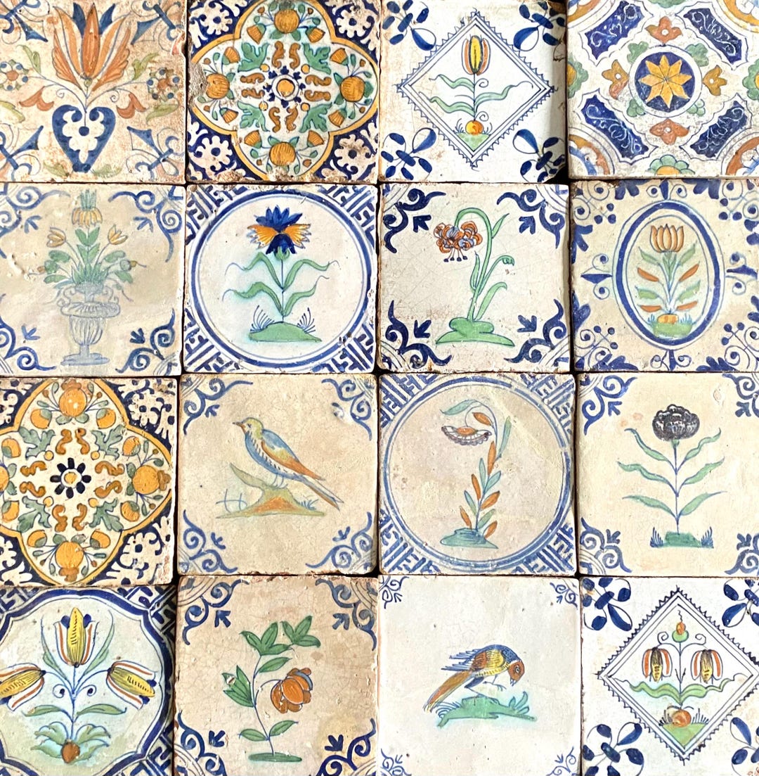 16x 17th Century Antique Dutch Coloured Tiles - Delft - Delftware- Wall ...