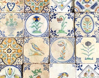 16x 17th century Antique Dutch coloured tiles - Delft - Delftware- wall - kitchen backsplash - fireplace - tiling project