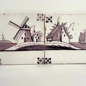 Para płytek Delft z XIX wieku - Mangan - Płytki ścienne - Delftware