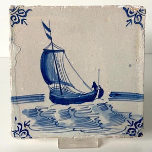 17th century Delft tile - Ship - Blue and white - Delftware - Ceramic - Boat - Wall - Kitchen