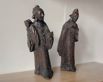 Antique Chinese sculpture - Wood - Wooden figures - Carving - Carved - Qing dynastie - Signed - 19th century - Antique - Asian art