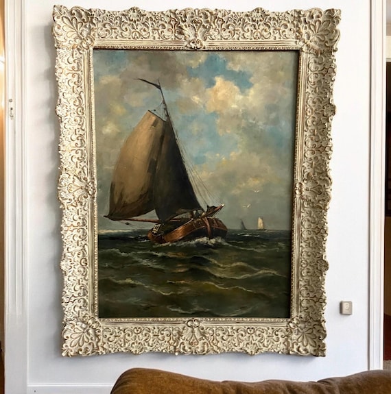 オランダ ビンテージ Oil painting 油絵 フランス アンティーク A. ブロークマン - 帆船のアンティーク絵画 - オランダ人芸術家 - 19