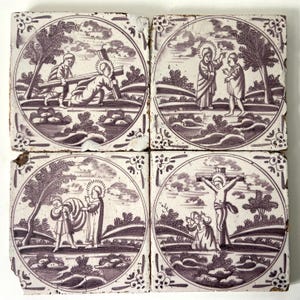 Four 18th century Biblical tiles - Dutch - Delft - Delftware - Wall - Kitchen - Fireplace - Set - Bible - Religious - Manganese