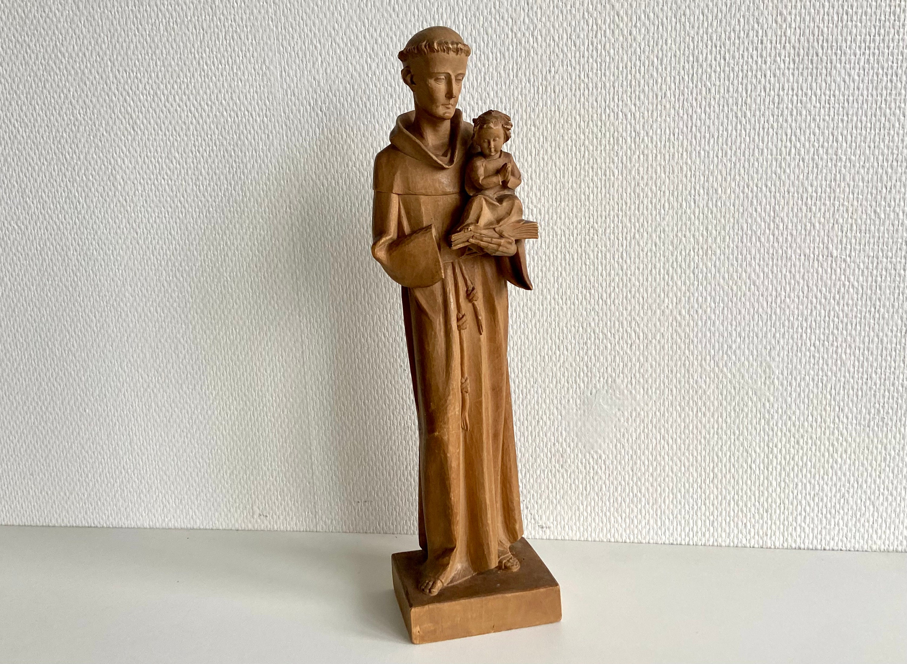 Escultura religiosa de madera - Monje con niño santo - Firmada - Fechada 1936 - Art Déco