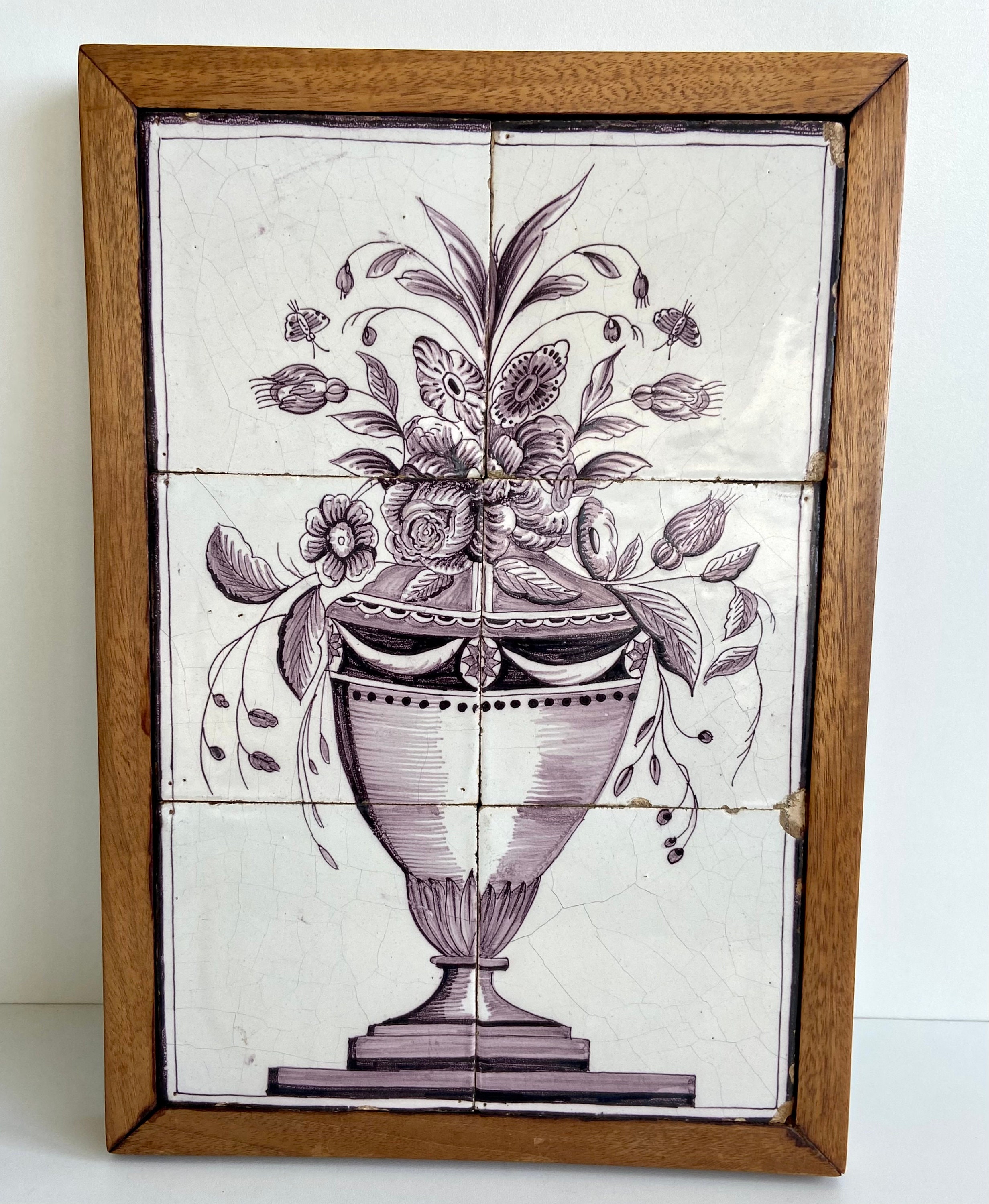 Manganese antique Dutch Delft tile mural with a wonderful flower vase, 18th  century