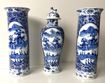 中国磁器の花瓶セット - 清朝 - 19 世紀 - 騎手 - マーク - 青と白