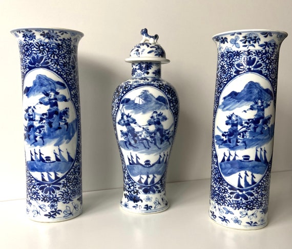 中国磁器の花瓶セット - 清朝 - 19 世紀 - 騎手 - マーク - 青と