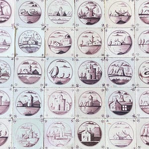 May include: A collection of antique ceramic tiles, each featuring a circular design in shades of purple and white. The designs depict windmills, buildings, swans, and sailing ships. The tiles are arranged in a grid pattern.