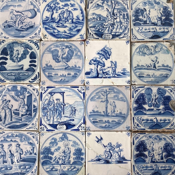 16 azulejos de Delft - Biblia - Bíblico - Religioso - Azul y blanco - Pared - Cocina - Chimenea - Azulejos - Cerámica