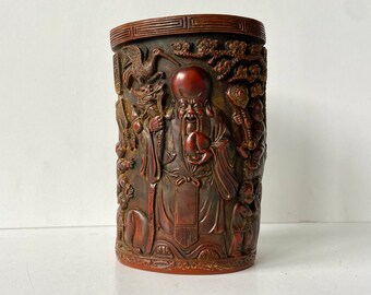 Vintage Chinese brush pot - 20th century - Decoration of Asian figures - Asia - Art - Washer - Cast material