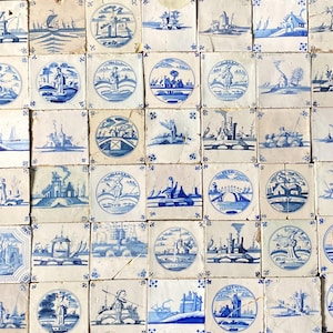 42 x Antique Delft tile - Blue and white - Wall - Kitchen - Fireplace - Landscape - Delftware - Cottage core - 17th 18th and 19th century
