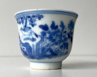 Very unusual Chinese porcelain - Wine Cup - Bowl - Tea - Qing dynastie - Guangxu - Bird - Chinese calligraphy - Bleu de Hue