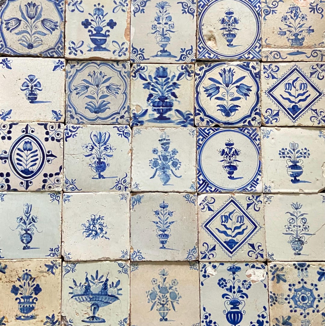 25 X Antique Delft Tile - 17th Century - Flowers - Blue and White ...