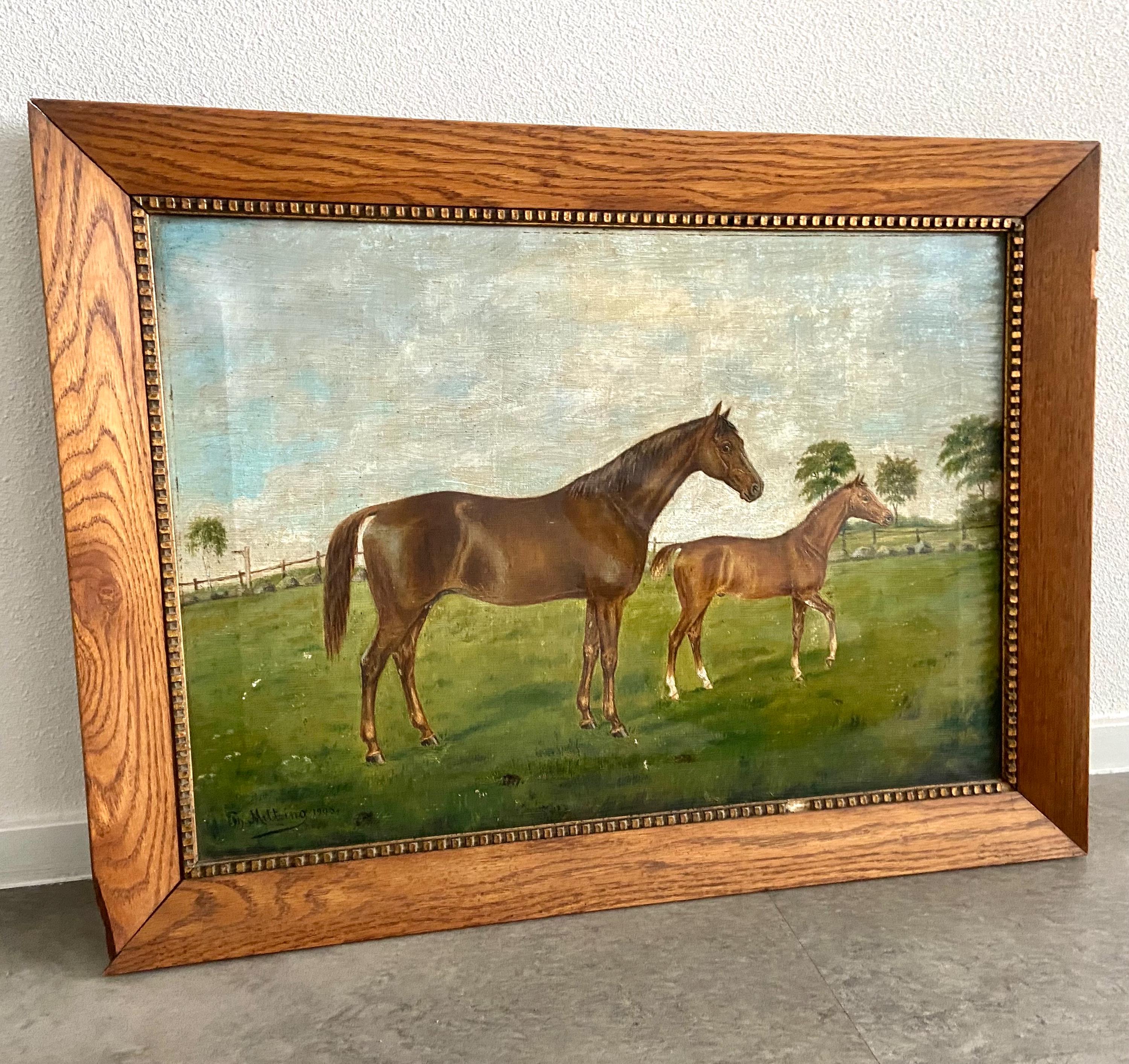 アンティーク絵画 - 馬 - 子馬 - 署名 JH Mitzing 1908 - 20 世紀初頭