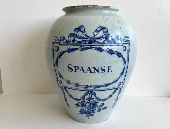 dutch tobacco jar Delftware - 18th Century - 'spaanse' - Ceramic - by Jan Pennis Vintage Old Dutch Tobacco Jar