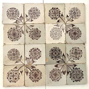 16 x Antique Delft tile - Rose ornaments - Manganese - Wall - Kitchen - Fireplace - Tiling