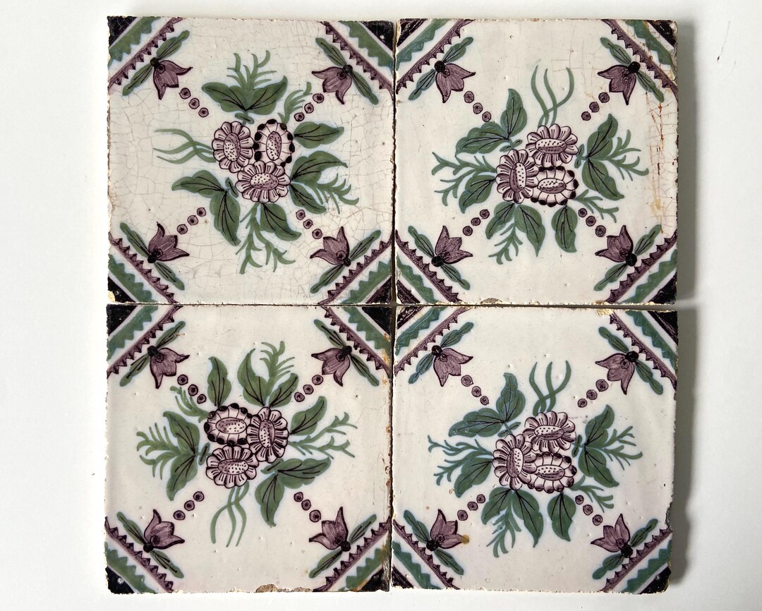 19th Century Delft Tiles - Manganese and Green - Flowar Decoration ...