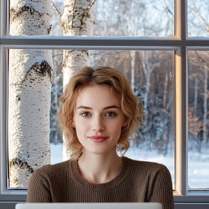 May include: A woman with curly blonde hair is sitting in front of a window with a snowy forest view. She is wearing a brown sweater and looking at the camera.