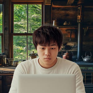 May include: A young person with dark hair is sitting in front of a laptop computer. They are wearing a white sweater and looking at the screen. The person is sitting in a rustic cabin with a window behind them. The window shows a view of a forest.