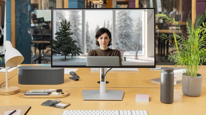 May include: A woman on a video call on a computer monitor with a snowy winter scene in the background. The monitor is on a desk with a gray speaker, a water bottle, and a potted plant.