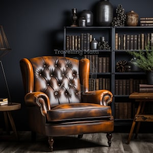 Executive Study - Leather Chair & Bookshelf Home Office Virtual Background for Zoom and Teams, Professional Office Digital Backdrop
