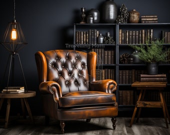 Executive Study - Leather Chair & Bookshelf Home Office Virtual Background for Zoom and Teams, Professional Office Digital Backdrop