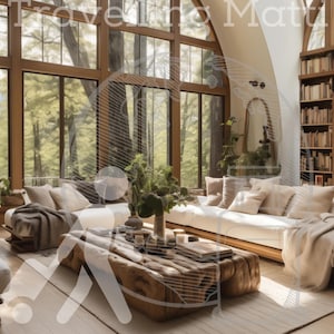 Peut inclure: Un salon avec de grandes fenêtres donnant sur une forêt. La pièce est équipée d'un canapé blanc avec des coussins et une couverture, d'une table basse en bois et d'une bibliothèque remplie de livres.