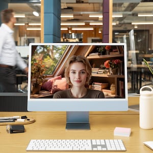 Puede incluir: Una mujer en una videollamada en un monitor de computadora. Ella está sonriendo y mirando a la cámara. El fondo es una habitación acogedora con una ventana y estanterías.
