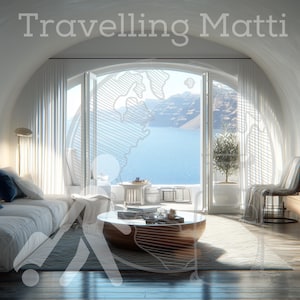 May include: A bright, airy living room with a view of the sea. The room features a white sofa with blue pillows, a round coffee table, and a wooden bench. The text "Travelling Matti" is at the top.