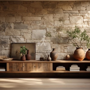 Rustic Stone Wall & Pottery Home Office Virtual Background for Zoom and Teams - Cozy Home Office Backdrop - Professional Simplistic Classy