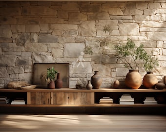 Rustic Stone Wall & Pottery Home Office Virtual Background for Zoom and Teams - Cozy Home Office Backdrop - Professional Simplistic Classy