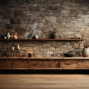 以下が含まれることがあります： 石の壁の前に、複数の引き出しが付いた素朴な木製のキャビネットがあります。キャビネットは自然な木製の仕上げで、上に棚が付いています。棚には、花瓶、ろうそく、ドライフラワーなど、さまざまな装飾品が置かれています。