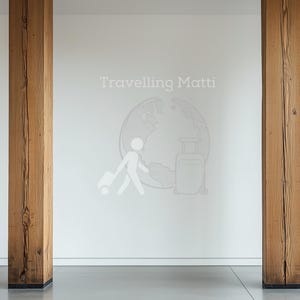 Może przedstawiać: Biała ściana z dwoma drewnianymi filarami po obu stronach. Na ścianie znajduje się grafika globusa z osobą trzymającą walizkę i tekst "Travelling Matti" nad globusem.