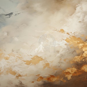 Puede incluir: Pintura abstracta con un aspecto texturizado y en capas. El fondo es gris claro con toques de azul, y el primer plano es una mezcla de dorado y marrón.
