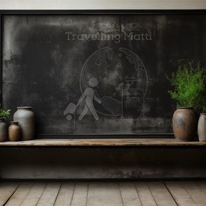 May include: A black chalkboard with the text "Travelling Matti" written in white chalk. A drawing of a person with a suitcase and a globe is on the chalkboard. The chalkboard is hanging on a wall above a wooden bench with several brown ceramic pots with green plants.