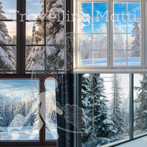 May include: Four different windows with views of a snowy forest. The windows are all different styles, but they all have a similar view of the snow-covered trees. The windows are all framed in wood.