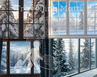 May include: Four different windows with views of a snowy forest. The windows are all different styles, but they all have a similar view of the snow-covered trees. The windows are all framed in wood.