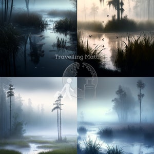 Könnte beinhalten: Vier Bilder eines nebligen Sumpfes mit hohen Bäumen und stehendem Wasser. Die Bilder sind in einem Raster angeordnet.