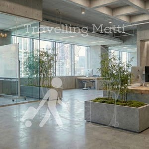 May include: An open-plan office space with concrete walls and floors, large windows, and modern desks. The space features plants in concrete planters, a whiteboard, and the text "Travelling Matti" on the glass. The overall design is minimalist and modern.