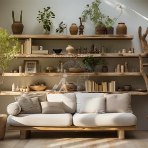 Peut inclure: Un canapé blanc avec des coussins beiges est placé devant un mur avec des étagères en bois. Les étagères sont remplies de plantes, de livres et d'objets décoratifs. Une échelle en bois est adossée au mur à côté des étagères.