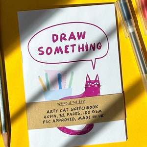 Artistic Cat Sketchbook, Handmade A6 Sketchbook, 100gsm, 32 Plain White Pages