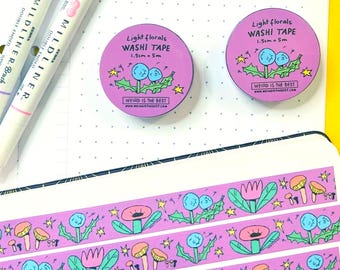 Light Florals Washi Tape, Dandelions & Mushrooms Purple Masking Tape, 1.5cm