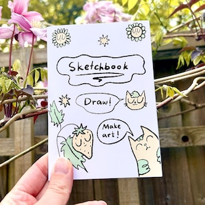 Quirky Cat & Strawberry Handmade A6 Sketchbook, 100gsm, Plain White