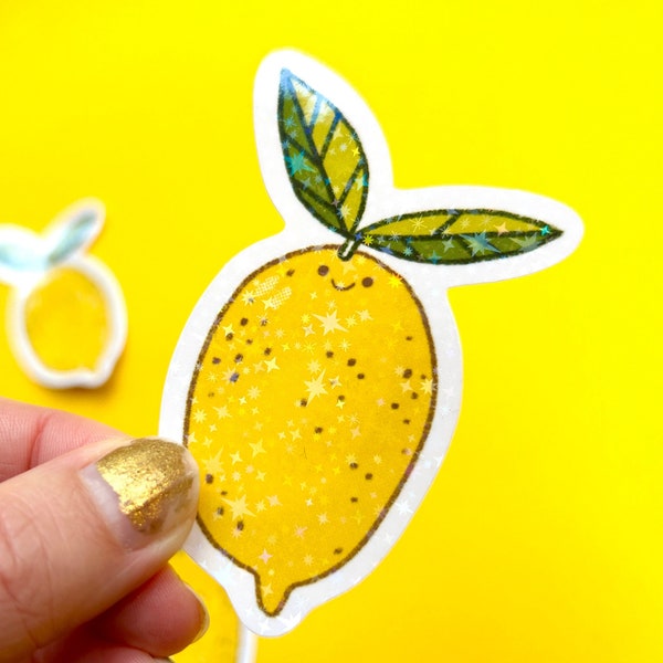 Lemony Melony! Sparkly Lemon Holographic Vinyl Stickers, Gloss Sticker, 8cm
