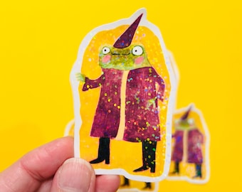 Magical Frog Wizard Vinyl Sticker, Sparkly, Gloss Sticker, 8cm