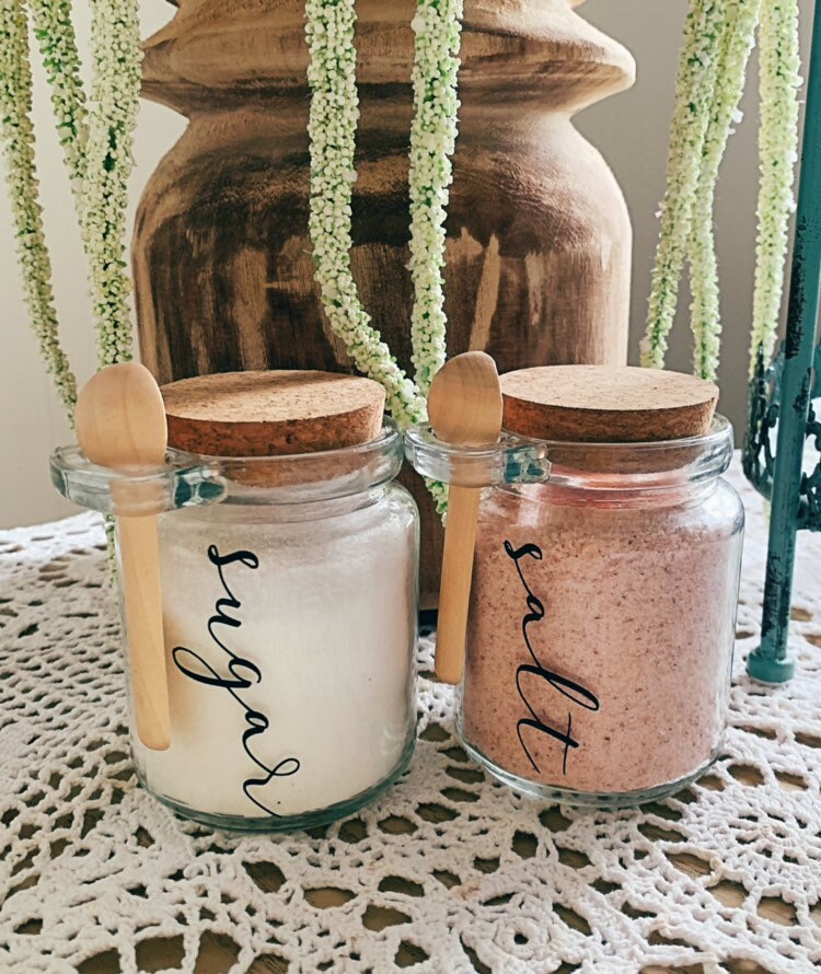 Salt & Sugar set | Glass Jars with Wooden Spoon | Rustic Bohemian Dec…