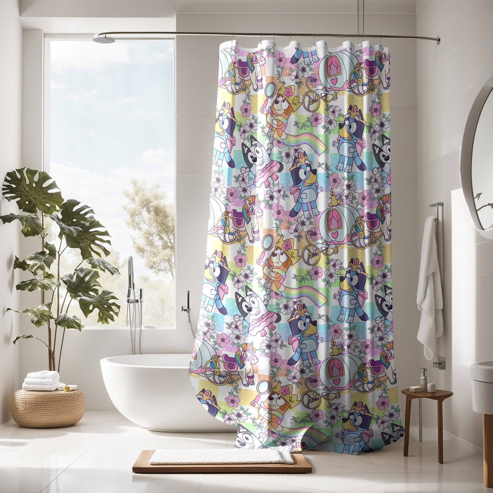 Colorful Bluey Shower Curtain, Bluey Bathroom Decor, Bluey and Bingo