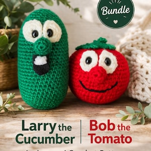 May include: A green crocheted cucumber named Larry and a red crocheted tomato named Bob. The amigurumi crochet patterns are advertised as a bundle. The image includes the text "CROCHET PATTERNS" and "SHOP NOW!"